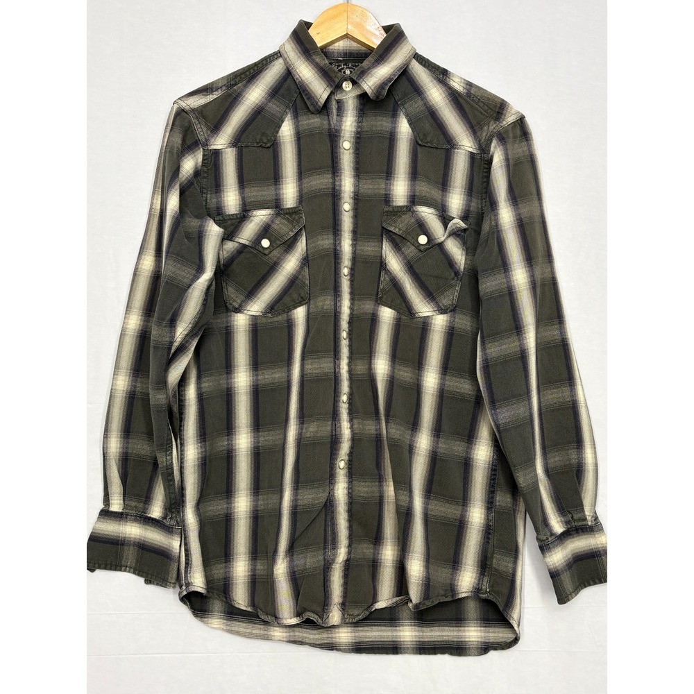 Lucky Brand Dungarees Button Up Western Shirt Mens Gray White‎ Plaid Pearl Snap